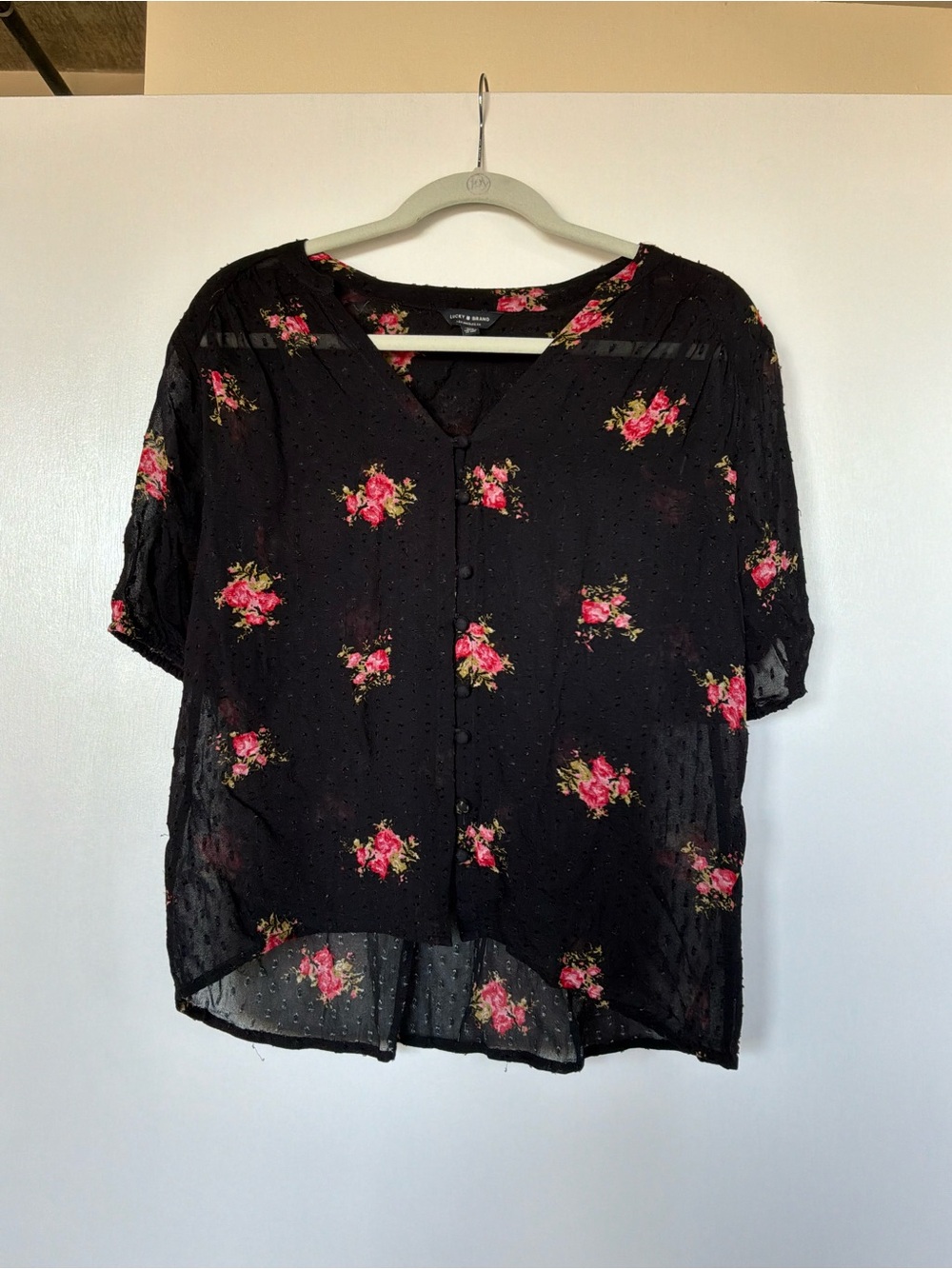 Lucky Brand Black Sheer Button-Front Top with Pink Floral Print